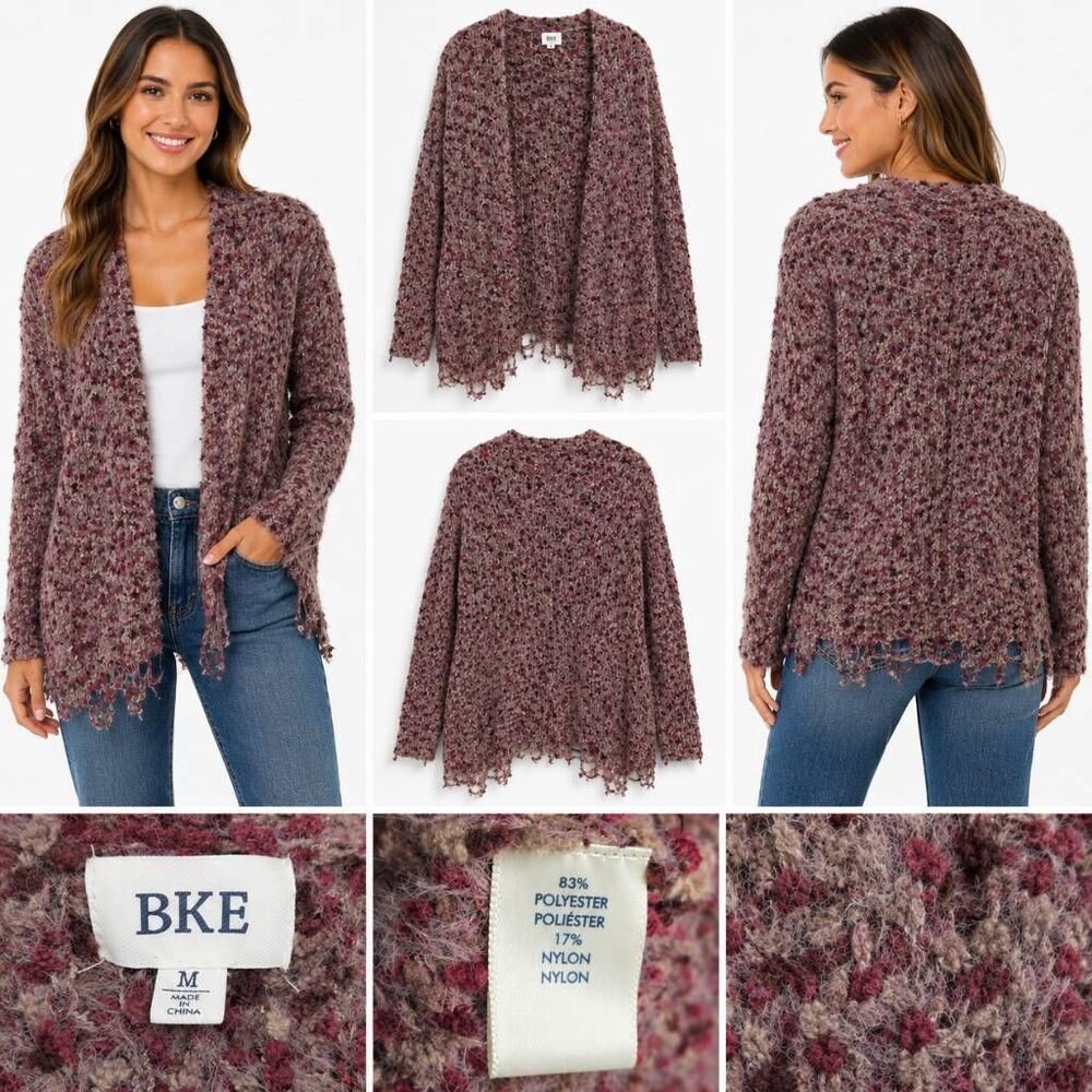 BKE Burgundy Open Knit Cardigan Women’s Medium Fringe Hem